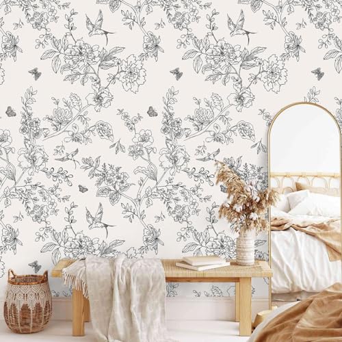 Froluya Black and Cream White Floral Wallpaper Peel and Stick Wallpaper 17.7in×393.7in Vintage Floral Contact Paper Flowers Birds Removable Self Adhesive Decorative Wall Paper for Bathroom Cabinets - Image 2