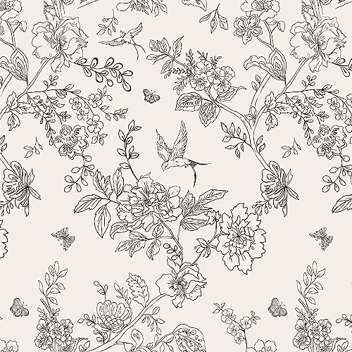 Froluya Black and Cream White Floral Wallpaper Peel and Stick Wallpaper 17.7in×393.7in Vintage Floral Contact Paper Flowers Birds Removable Self Adhesive Decorative Wall Paper for Bathroom Cabinets - Image 1