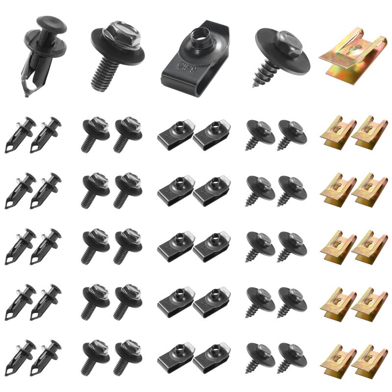 Uolor 100PCS Car Screws and Bolts, Undertray Screws,Auto Body Fender Screws,Car Clips Plastic Rivet Fasteners - Universal U-Nuts Kit Engine Under Cover Splash Shield Guard Body Bolts - Image 1