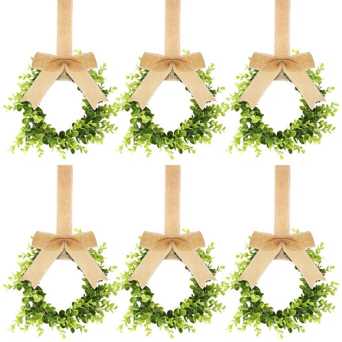 6 PCS CHRISTMAS KITCHEN CABINET WREATHS DECORATIVE BOXWOOD WREATHS WITH RIBBON ARTIFICIAL GREENERY FARMHOUSE FOR DECORATING FRONT DOOR WINDOW PARTYLINEN COLOR