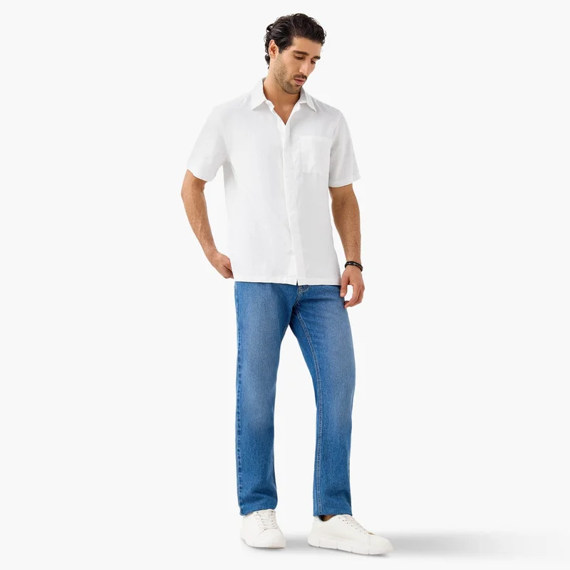 Splash FAV Regular Fit Linen Blend Collared Shirt with Chest Pocket