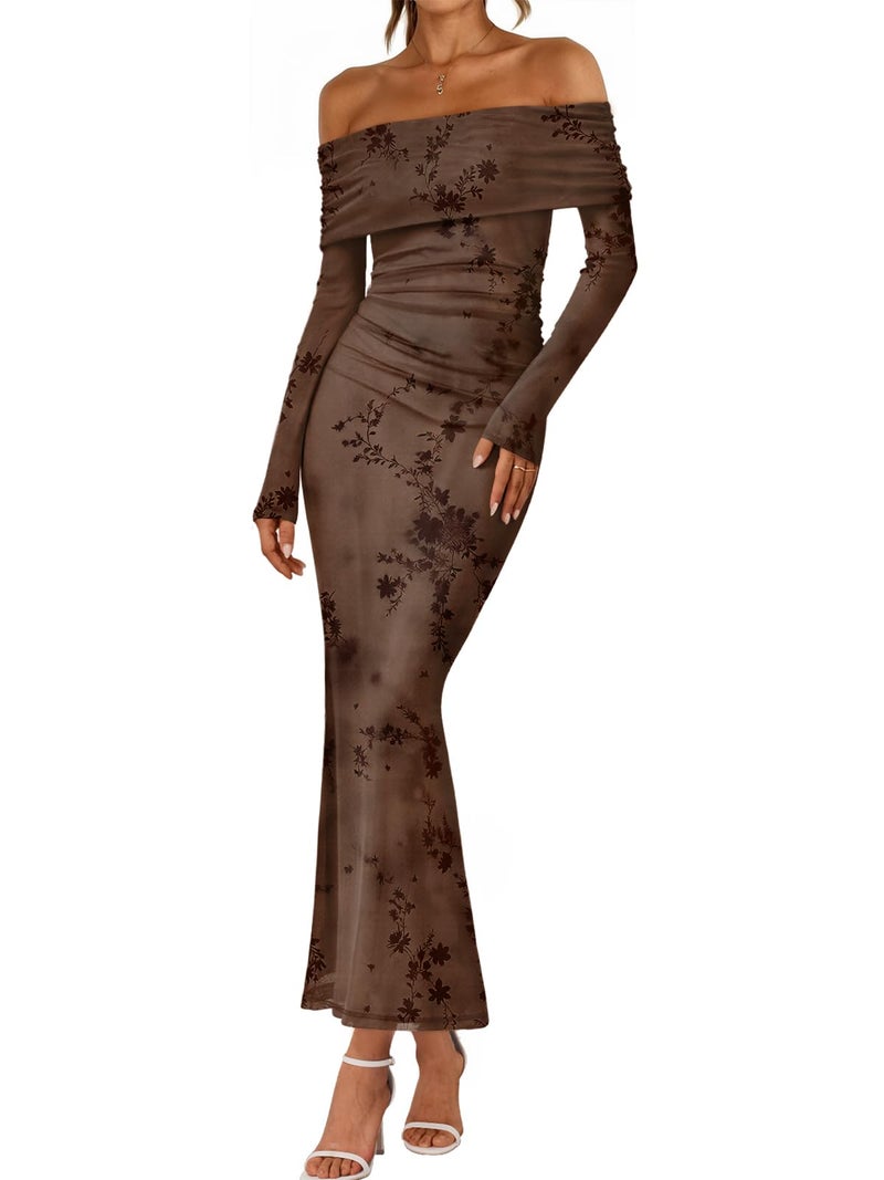 LILLUSORY Wedding Guest Off The Shoulder Holiday Dresses for Women 2026 Spring Fall Winter Bodycon Floral Long Sleeve Maxi Cocktail Going Out Party Formal Dresses Brown L - Image 1