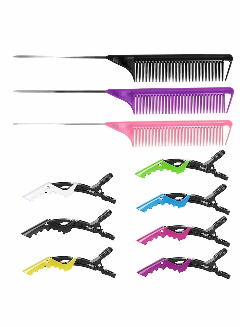 Rat Tail Combs, Hair Clips, Rat Tail Combs, Parting Comb for Braids, Metal Long Steel Pin Rat Tail Teasing Combs, Alligator Styling Sectioning Clips, Professional Hair Salon 3Pcs+7Pcs