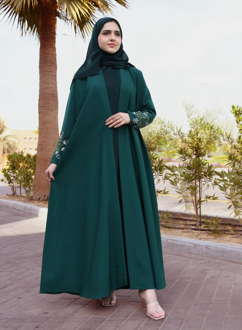 عبايات حوراء عباية لف ربع كلوش باللون الاخضر بشك يدوي على الأكمام