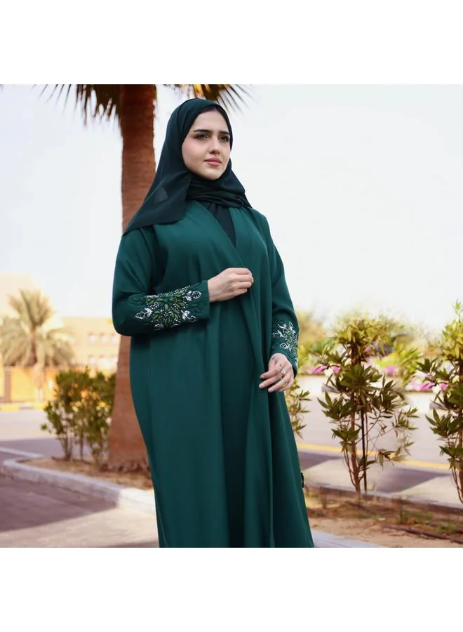 عبايات حوراء عباية لف ربع كلوش باللون الاخضر بشك يدوي على الأكمام
