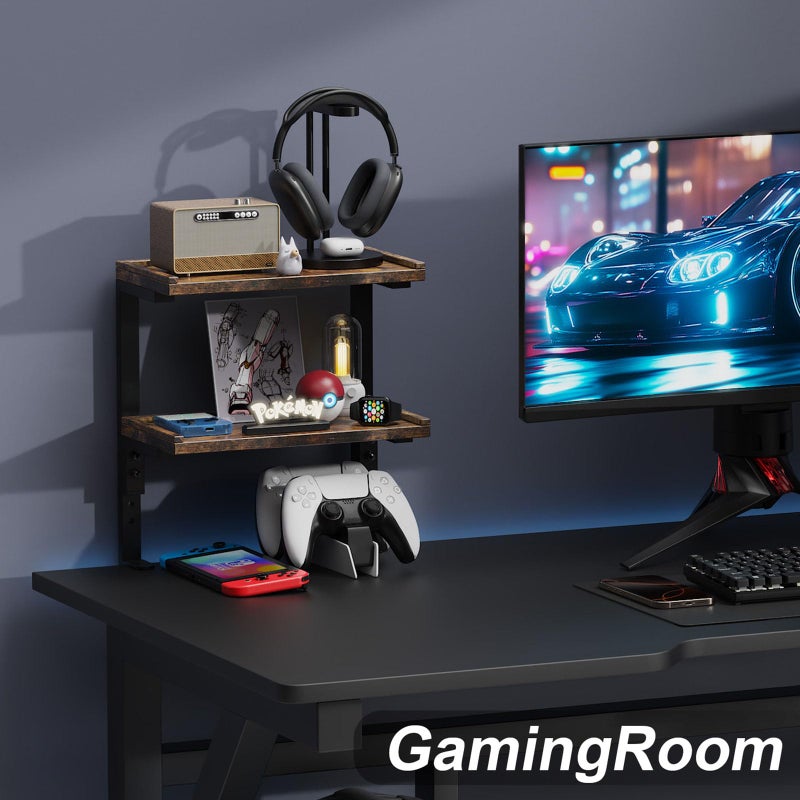 OUTIOE 2-Tier Desk Shelf, Expandable Under Desk Storage, Clamp on Desk Shelf, Desktop Accessories for Offices, Study Rooms, and Game Rooms (Wood) - Image 3