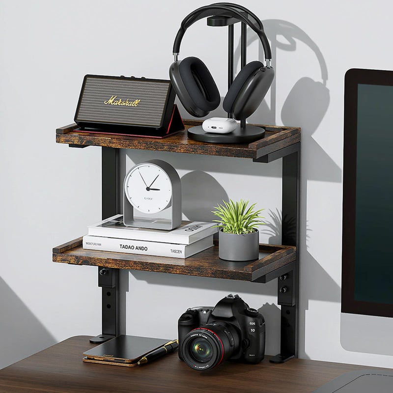 OUTIOE 2-Tier Desk Shelf, Expandable Under Desk Storage, Clamp on Desk Shelf, Desktop Accessories for Offices, Study Rooms, and Game Rooms (Wood) - Image 1
