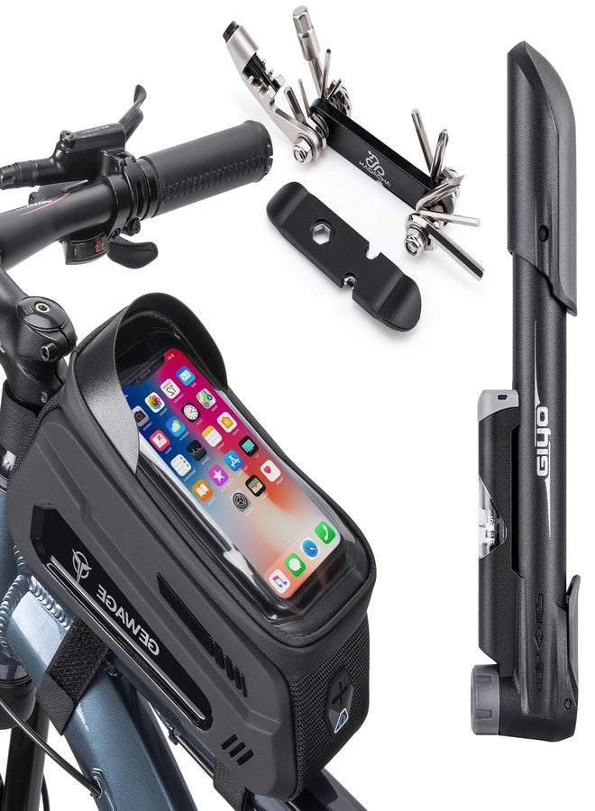 GEWAGE Bicycle Phone Mount Bag & Bicycle Tire Pump, Bike Multitool with Tyre Lever - Bike Tool Kits for Repair and Maintenance at Home or On The Road - Image 1