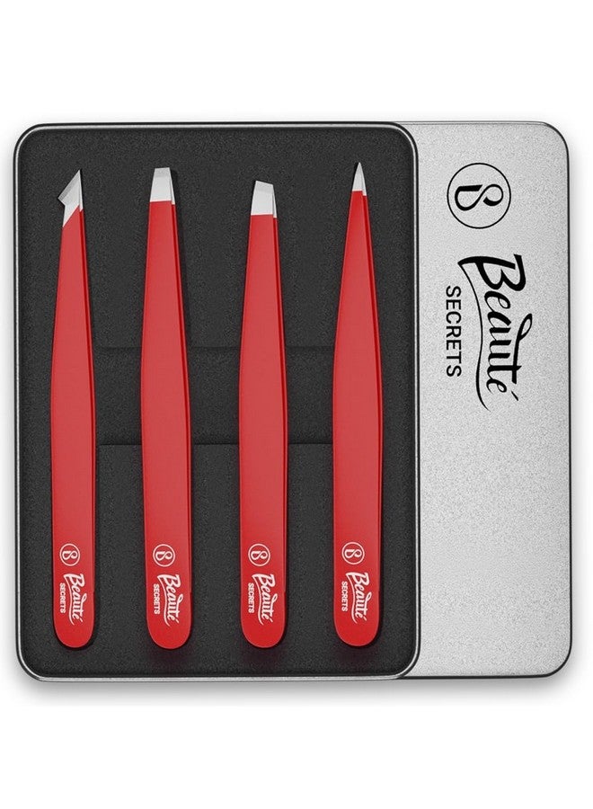 Beaute Secrets Luxury Tweezers Set Professional Stainless Steel Tweezers Best Precision Tweezers For Eyebrows Great Precision For Facial Hair Ingrown Hair Splinter Eyebrow Tweezers (Red) - Image 1