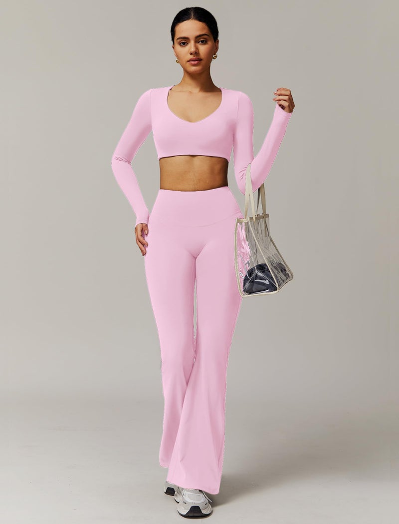 ABOCIW Workout Sets for Women Long Sleeve Crop Top with Built in Bra Scrunch Butt Lifting High Waist Flare Leggings 2 Piece Gym Sets Athletic Yoga Pilates Outfits V-Pink Medium - Image 5