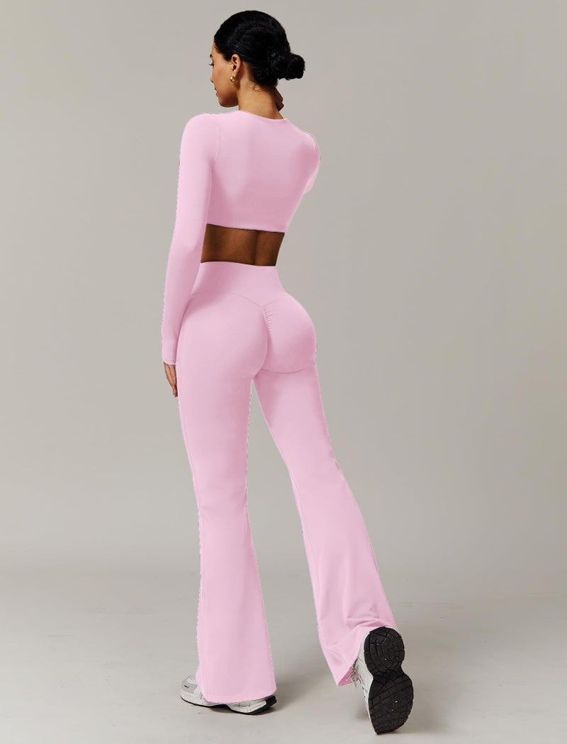 ABOCIW Workout Sets for Women Long Sleeve Crop Top with Built in Bra Scrunch Butt Lifting High Waist Flare Leggings 2 Piece Gym Sets Athletic Yoga Pilates Outfits V-Pink Medium - Image 2