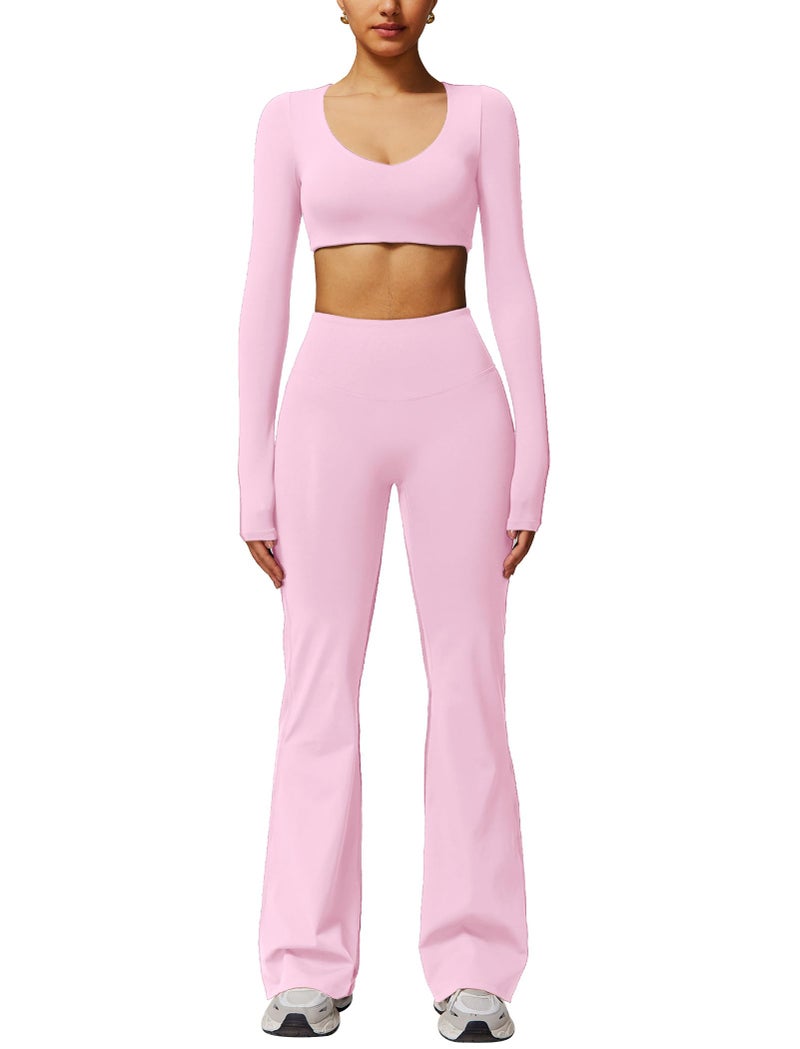 ABOCIW Workout Sets for Women Long Sleeve Crop Top with Built in Bra Scrunch Butt Lifting High Waist Flare Leggings 2 Piece Gym Sets Athletic Yoga Pilates Outfits V-Pink Medium - Image 1