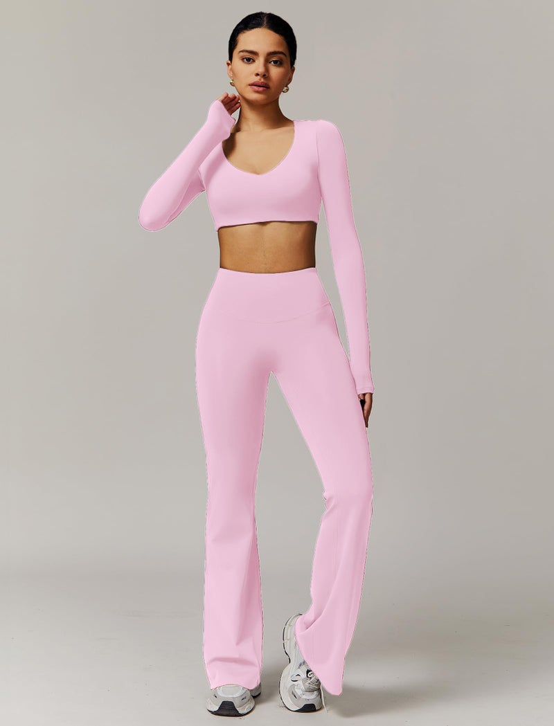 ABOCIW Workout Sets for Women Long Sleeve Crop Top with Built in Bra Scrunch Butt Lifting High Waist Flare Leggings 2 Piece Gym Sets Athletic Yoga Pilates Outfits V-Pink Medium - Image 3