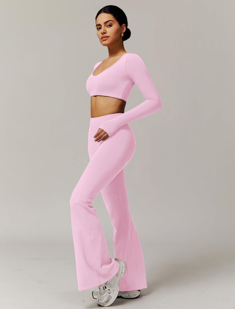ABOCIW Workout Sets for Women Long Sleeve Crop Top with Built in Bra Scrunch Butt Lifting High Waist Flare Leggings 2 Piece Gym Sets Athletic Yoga Pilates Outfits V-Pink Medium - Image 4