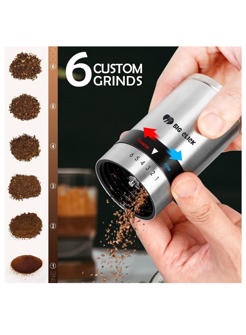 بيغ كليك مطحنة قهوة محمولة، مطحنة حبوب القهوة مع 6 تروس قابلة للتعديل للإسبريسو، الضغط الفرنسي والقهوة المقطرة، مطحنة قهوة يدوية مناسبة للمنزل والمكتب والسفر والتخييم - Image 3