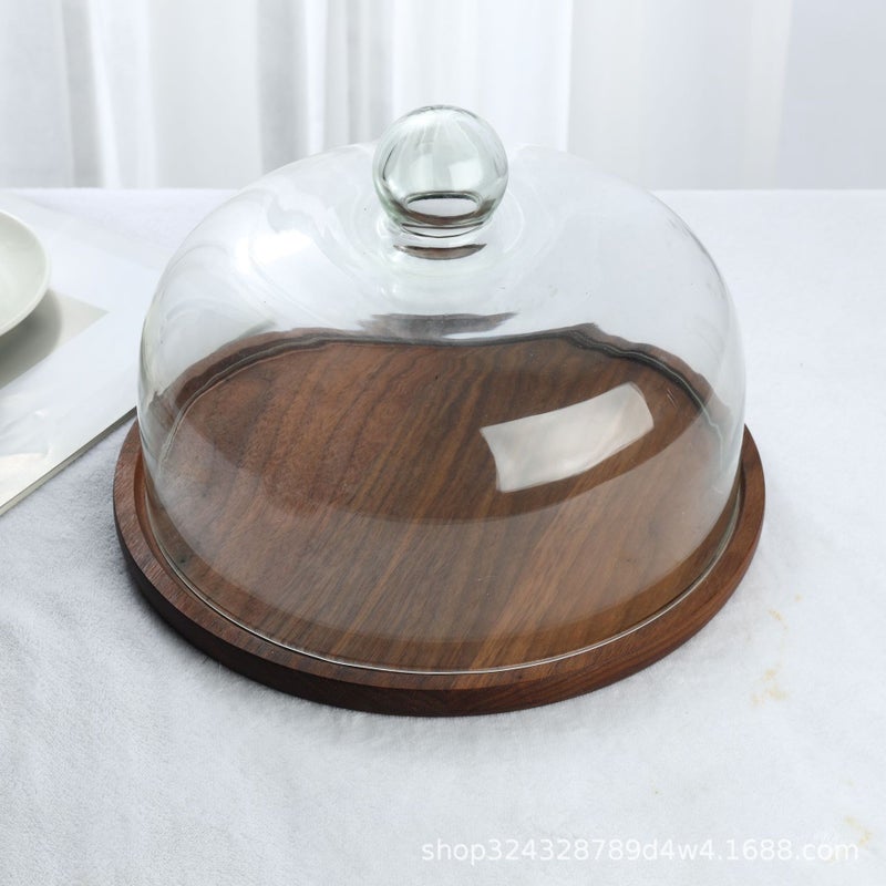 Solid Wood Walnut Acacia Wood Cake Plate With Glass Cover Wooden Tray Glass Snack Tray With Cover Fruit Plate - Image 5
