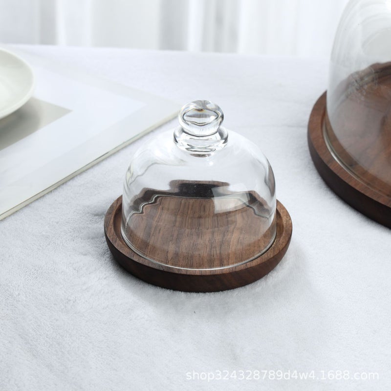 Solid Wood Walnut Acacia Wood Cake Plate With Glass Cover Wooden Tray Glass Snack Tray With Cover Fruit Plate - Image 4