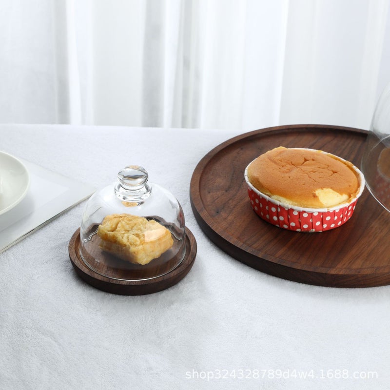 Solid Wood Walnut Acacia Wood Cake Plate With Glass Cover Wooden Tray Glass Snack Tray With Cover Fruit Plate - Image 3