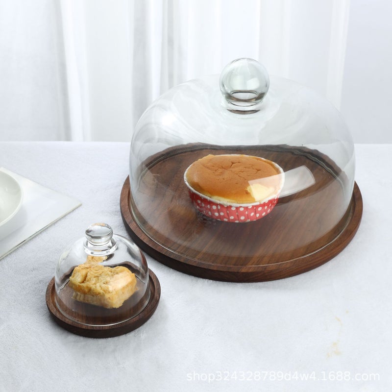 Solid Wood Walnut Acacia Wood Cake Plate With Glass Cover Wooden Tray Glass Snack Tray With Cover Fruit Plate - Image 2