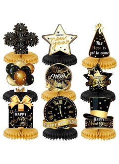 HOWAF Happy New Year Honeycomb Centerpiece Black Gold New Years Table Centerpieces Decoration New Year Party Table Topper For 2023 New Year Eve Party Supplies Happy New Year Table Decoration 9 Pcs  - Image 2