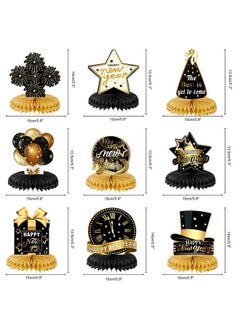 HOWAF Happy New Year Honeycomb Centerpiece Black Gold New Years Table Centerpieces Decoration New Year Party Table Topper For 2023 New Year Eve Party Supplies Happy New Year Table Decoration 9 Pcs  - Image 3