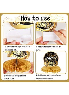 HOWAF Happy New Year Honeycomb Centerpiece Black Gold New Years Table Centerpieces Decoration New Year Party Table Topper For 2023 New Year Eve Party Supplies Happy New Year Table Decoration 9 Pcs  - Image 4