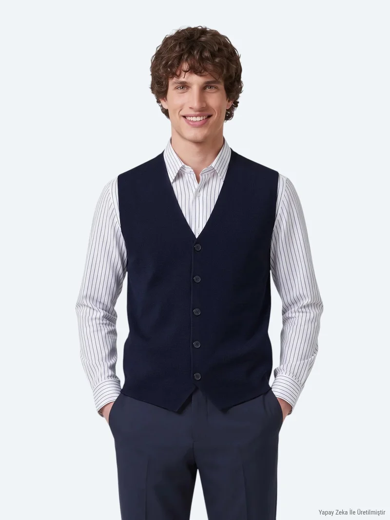 Kip Navy Blue Regular Fit Casual Knitting Knit Vest