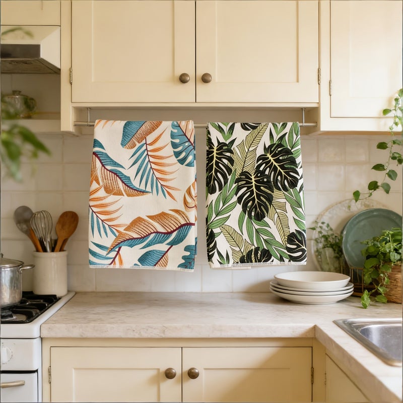 2 Pack Tropical Leaf Dish Towels Absorbent Monstera Kitchen Cloths Bohemian - Image 4