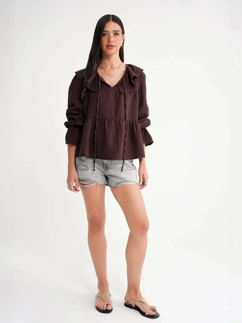 MixRay Mixray Frilly Shawl Collar Blouse with Tie Closure