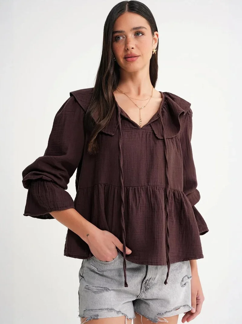 MixRay Mixray Frilly Shawl Collar Blouse with Tie Closure