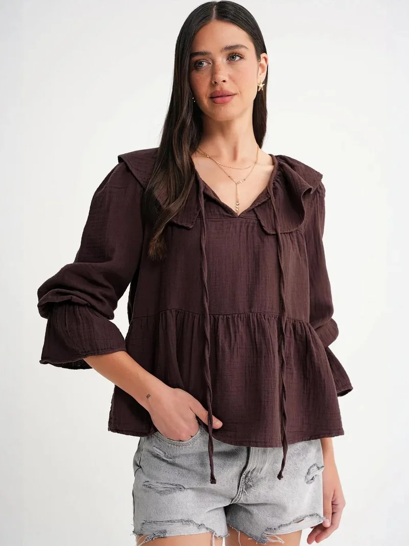 MixRay Mixray Frilly Shawl Collar Blouse with Tie Closure