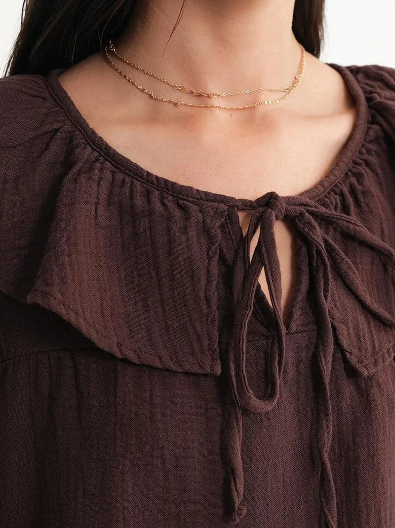 MixRay Coffee Brown Mixray Frilly Shawl Collar Blouse with Tie Closure for Women | Best Price UAE