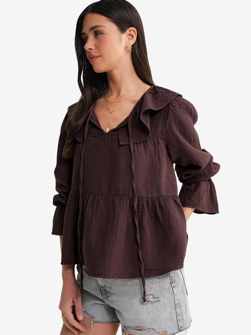 MixRay Coffee Brown Mixray Frilly Shawl Collar Blouse with Tie Closure for Women | Best Price UAE