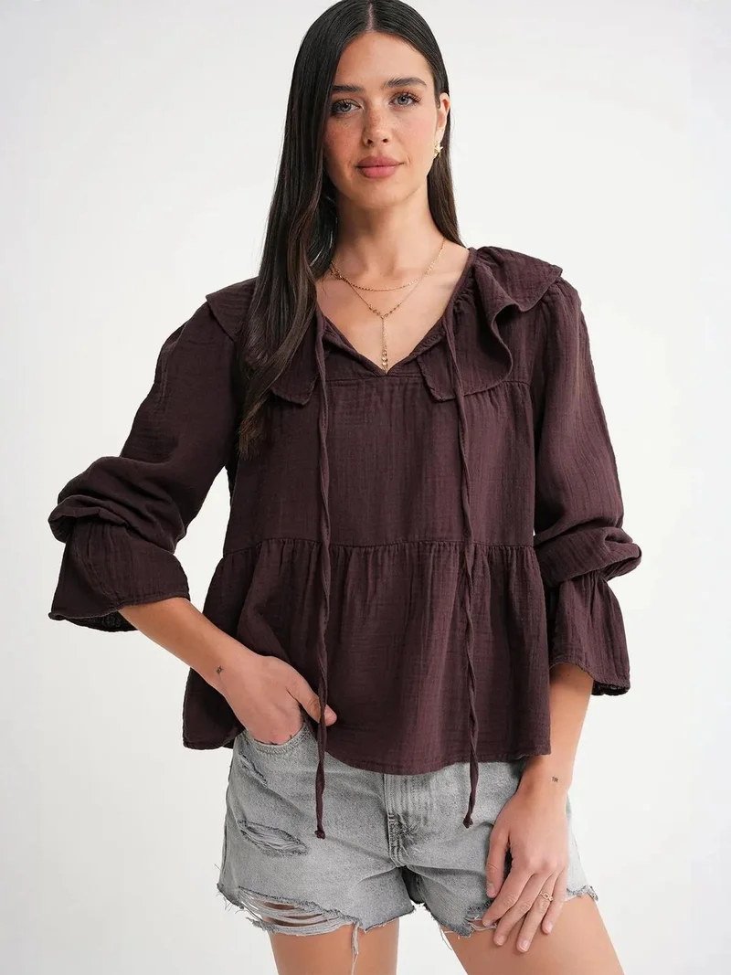 MixRay Coffee Brown Mixray Frilly Shawl Collar Blouse with Tie Closure for Women | Best Price UAE