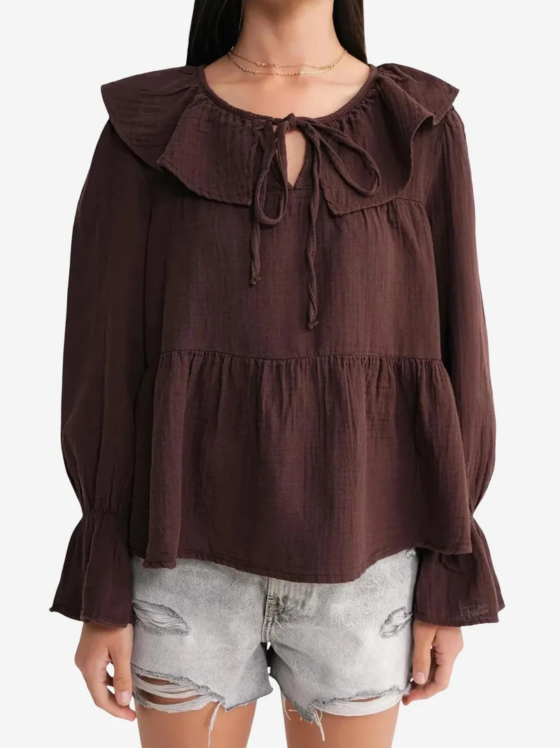 MixRay Coffee Brown Mixray Frilly Shawl Collar Blouse with Tie Closure for Women | Best Price UAE