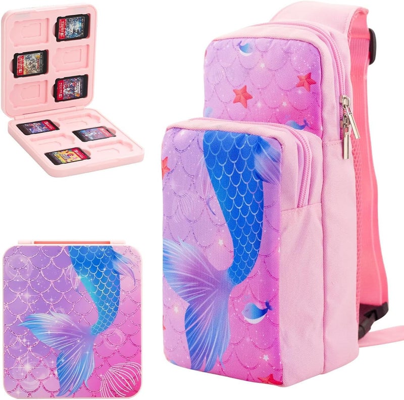 GLDRAM Mermaid Travel Bag Bundle for Nintendo Switch, Cute Carrying Case Compatible for Switch Lite & Switch OLED, Purple Shoulder Bag Bundle Set for Switch with Game Case, Thumb Grip Caps - Image 1