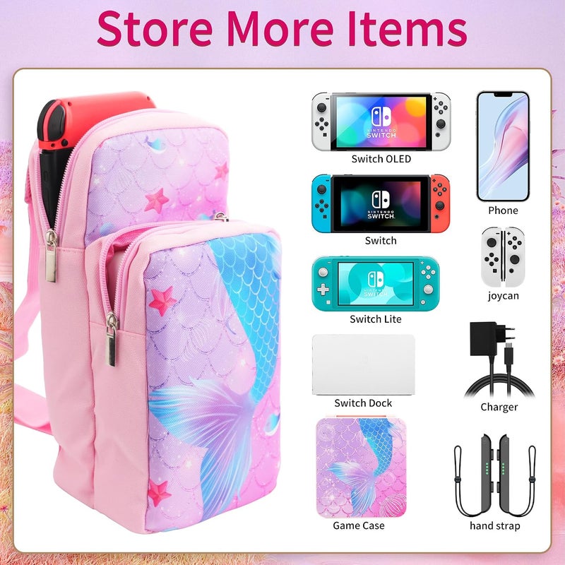 GLDRAM Mermaid Travel Bag Bundle for Nintendo Switch, Cute Carrying Case Compatible for Switch Lite & Switch OLED, Purple Shoulder Bag Bundle Set for Switch with Game Case, Thumb Grip Caps - Image 3