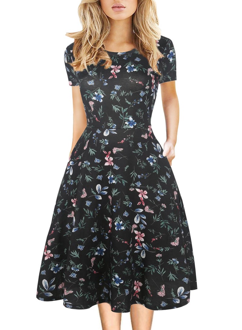 HELYO Casual Vintage Dress for Women's Elegant 50s Office Floral Print Business Work Party A-Line Swing Dress with Pockets 162 (Black, S) - Image 1