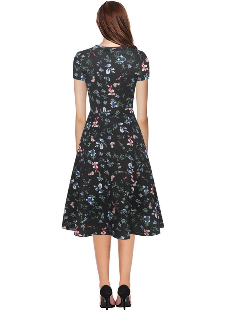 HELYO Casual Vintage Dress for Women's Elegant 50s Office Floral Print Business Work Party A-Line Swing Dress with Pockets 162 (Black, S) - Image 2