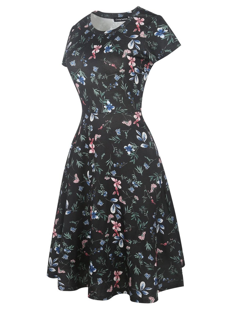 HELYO Casual Vintage Dress for Women's Elegant 50s Office Floral Print Business Work Party A-Line Swing Dress with Pockets 162 (Black, S) - Image 5