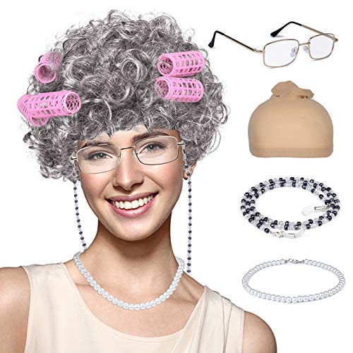 FAYBOX Old Lady Wig Costume for Women,100 Days of School Costume,Grandma Granny Costume Wig - Image 1