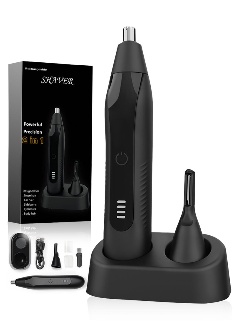 مقص شعر الأنف والأذن القابل للشحن 2 في 1 للرجال | رأس دوار 360° مائي | مجموعة صالون كهربائية هادئة وحملية لحواجب وشعر الجسم (أسود) - Image 1
