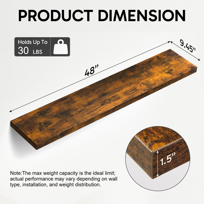 BAYKA Floating Shelves, 48 inches Long Wall Mounted Rustic Wood Shelves for Bathroom, Bedroom, Living Room, Kitchen, Office, Hanging Shelf for Books/Storage/Decor(Rustic Brown,Set of 2) - Image 4