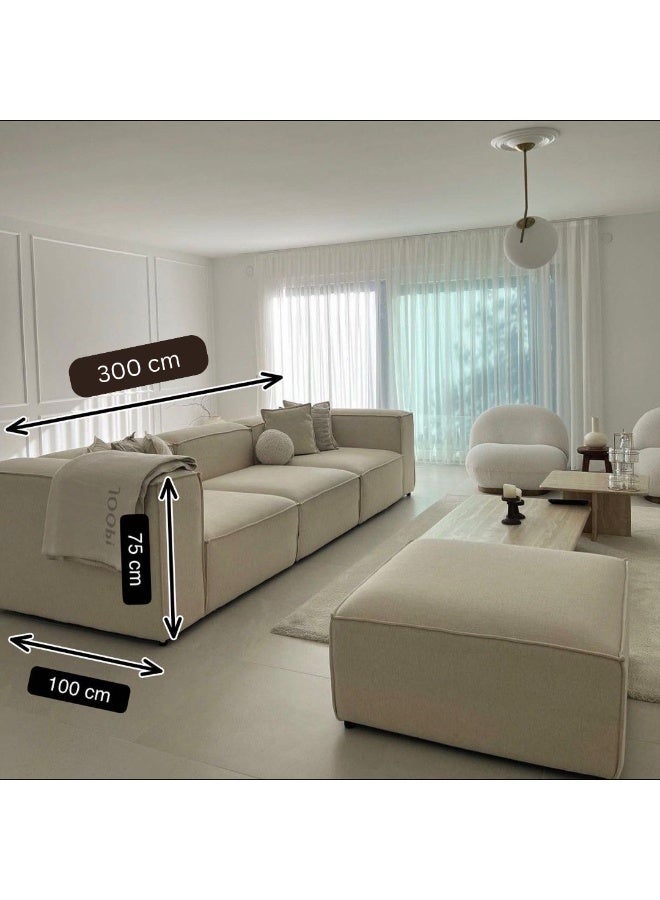 Al Zakharef Furniture Riva Modern Linen Fabric Sofa with Ottoman – 300cm Extra Large 3-Seater Modular Sofa, Deep Wide Seating, Minimalist Luxury Living Room Sofa – Beige - Image 2