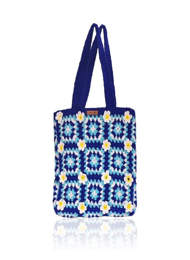 Sutra Handmade Wool Crochet Blue Floral Tote Bag | Boho Shoulder Purse | Eco-Friendly Reusable Tote Bag | Summer Beach Handbag for Women Girls - Image 1