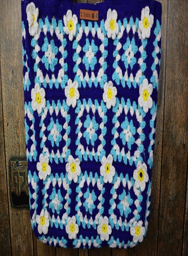 Sutra Handmade Wool Crochet Blue Floral Tote Bag | Boho Shoulder Purse | Eco-Friendly Reusable Tote Bag | Summer Beach Handbag for Women Girls - Image 3