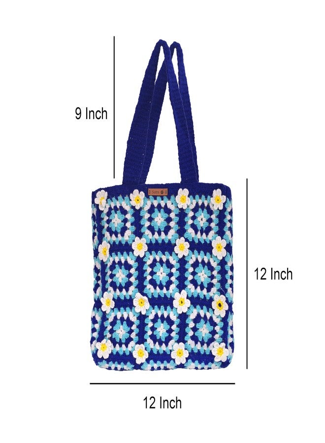 Sutra Handmade Wool Crochet Blue Floral Tote Bag | Boho Shoulder Purse | Eco-Friendly Reusable Tote Bag | Summer Beach Handbag for Women Girls - Image 2