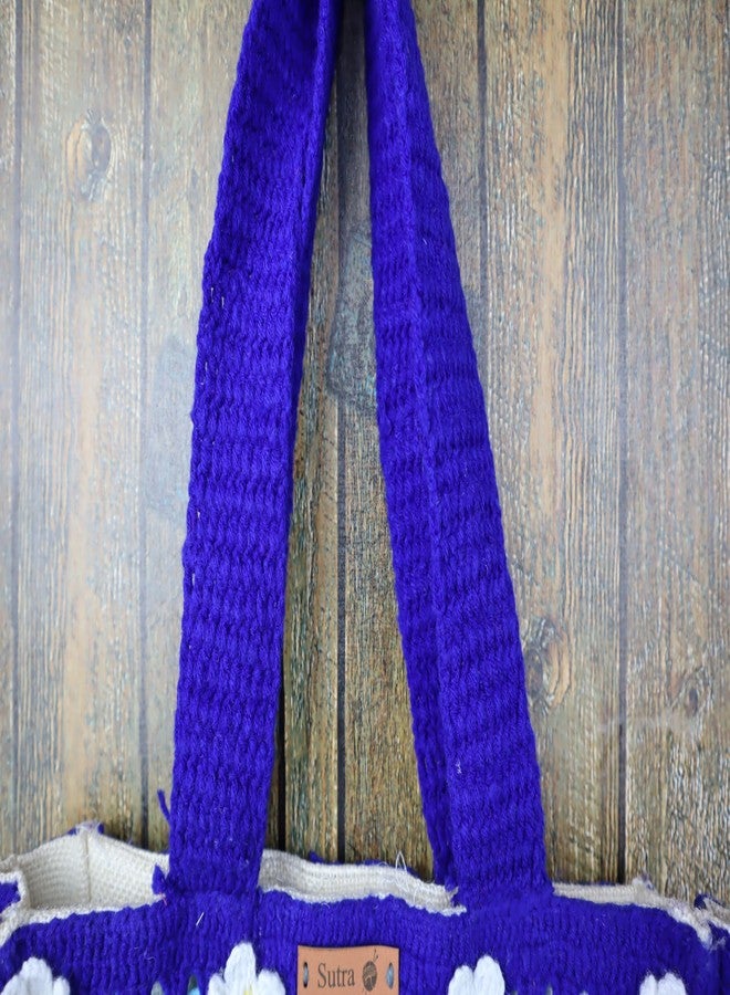 Sutra Handmade Wool Crochet Blue Floral Tote Bag | Boho Shoulder Purse | Eco-Friendly Reusable Tote Bag | Summer Beach Handbag for Women Girls - Image 5