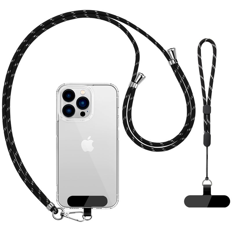 CACOE Phone Lanyard 2 Pcs-1 Pcs Adjustable Neck Strap, 1 Pcs Wrist Strap, 2 Pads, Universal Crossbody Multifuctional Cell Phone Lanyards Compatible with Most Smartphones(Black Silver) - Image 1