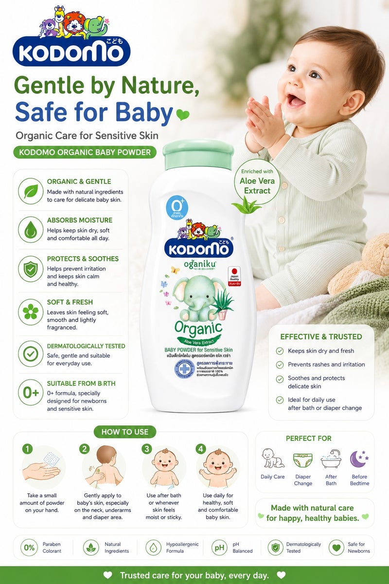 Kodomo Oganiku Organic Baby Powder with Aloe Vera Extract for Sensitive Skin, 160g - Image 2